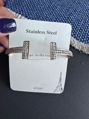 Gold-Tone Rhinestone T Bracelet – Stainless Steel (Brand New)